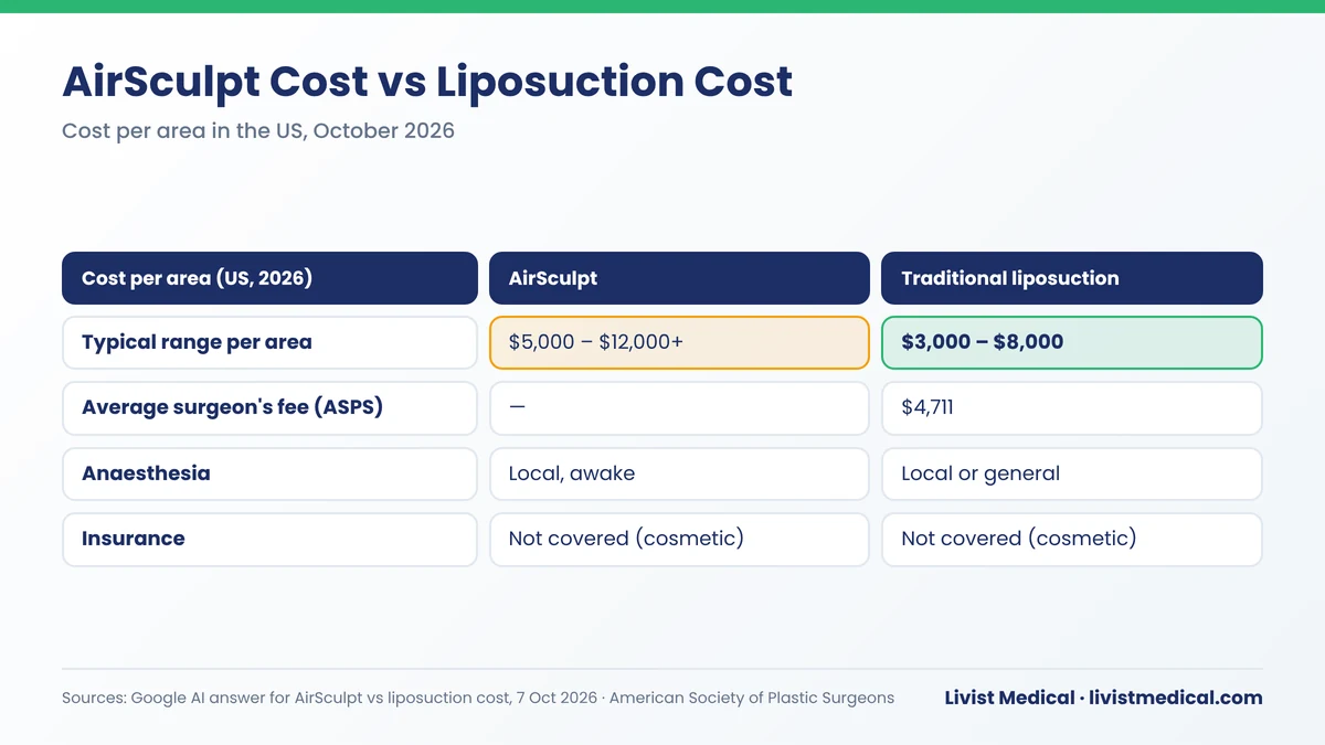 AirSculpt cost vs liposuction cost per area in 2026: AirSculpt $5,000 to $12,000+ against $3,000 to $8,000