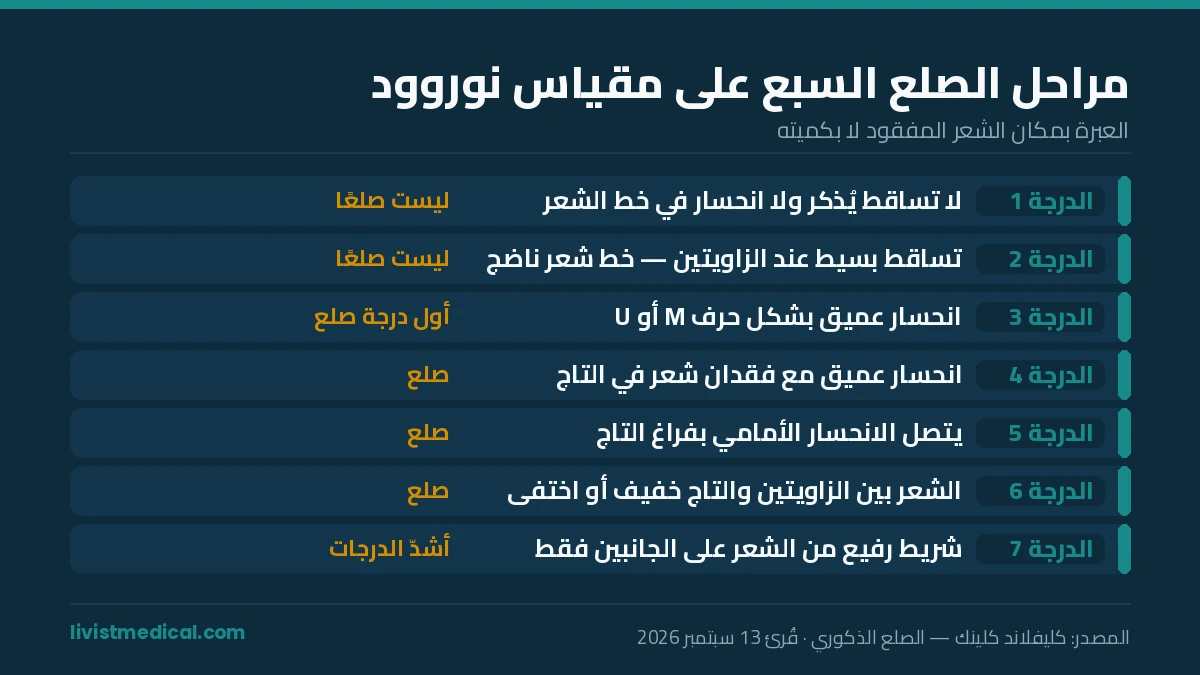 مراحل الصلع بالصور على مقياس نوروود من الدرجة 1 إلى الدرجة 7