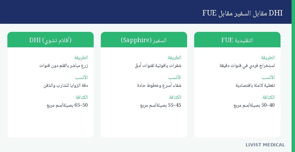 مقارنة تقنيات زراعة اللحية: FUE وDHI والسفير FUE مقابل DHI مقابل السفير لزراعة اللحية