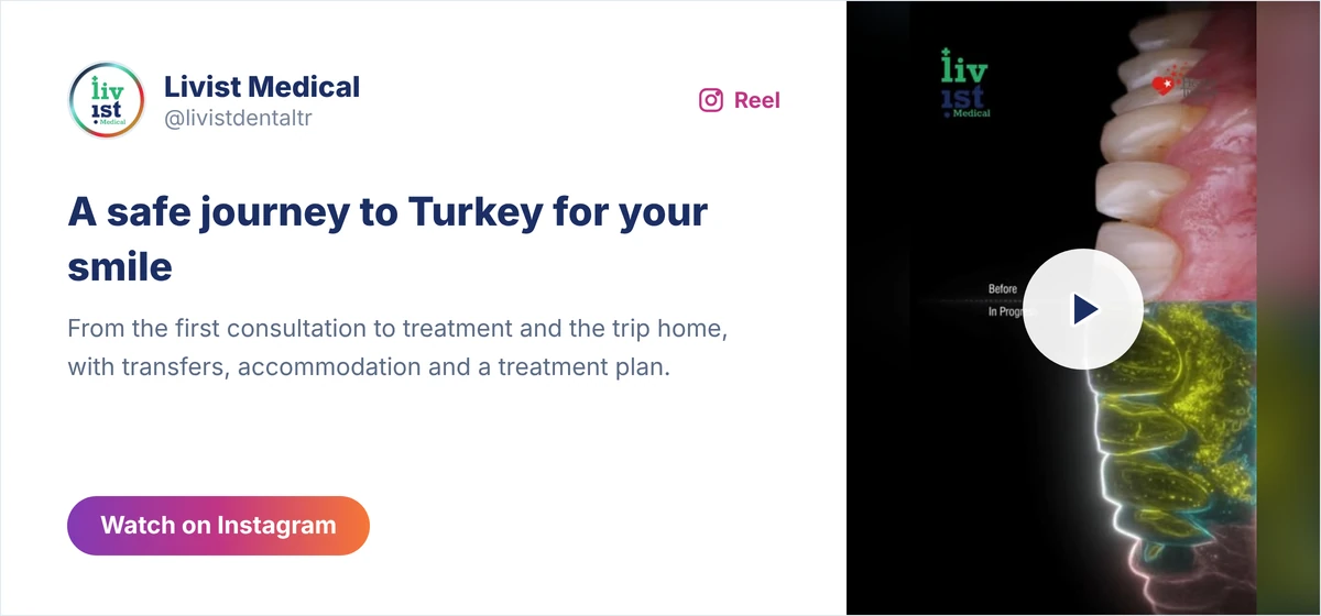 Instagram video card from Livist Medical on a dental treatment journey to Turkey from consultation to return home