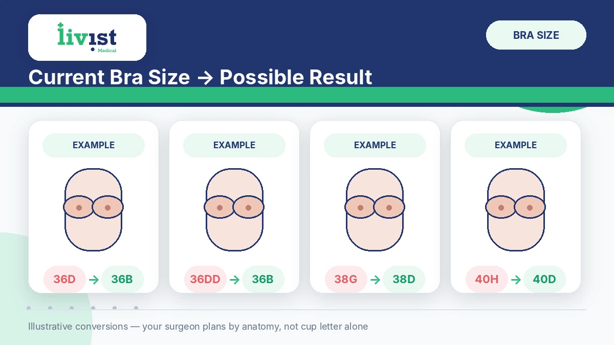 Breast reduction size chart showing D to B and DD to B conversions