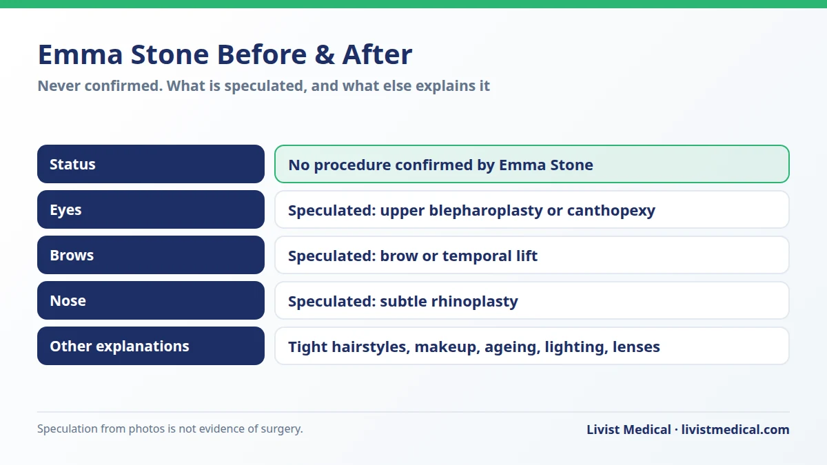 Emma Stone before and after: speculated procedures against non-surgical explanations