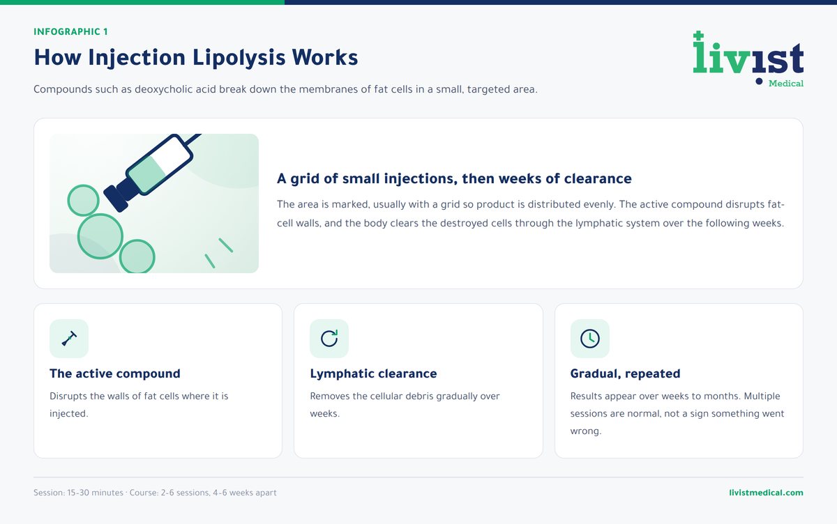 Diagram showing how injection lipolysis works, with deoxycholic acid breaking down fat cell membranes