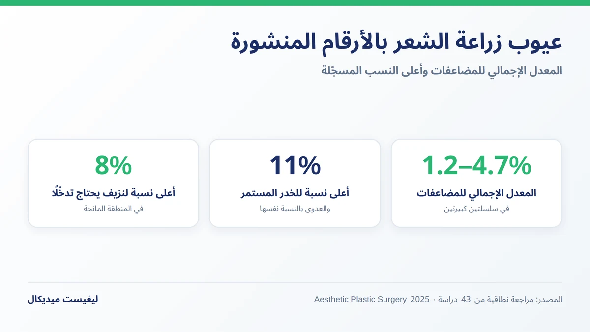 عيوب زراعة الشعر ومضاعفاتها بالنسب المنشورة