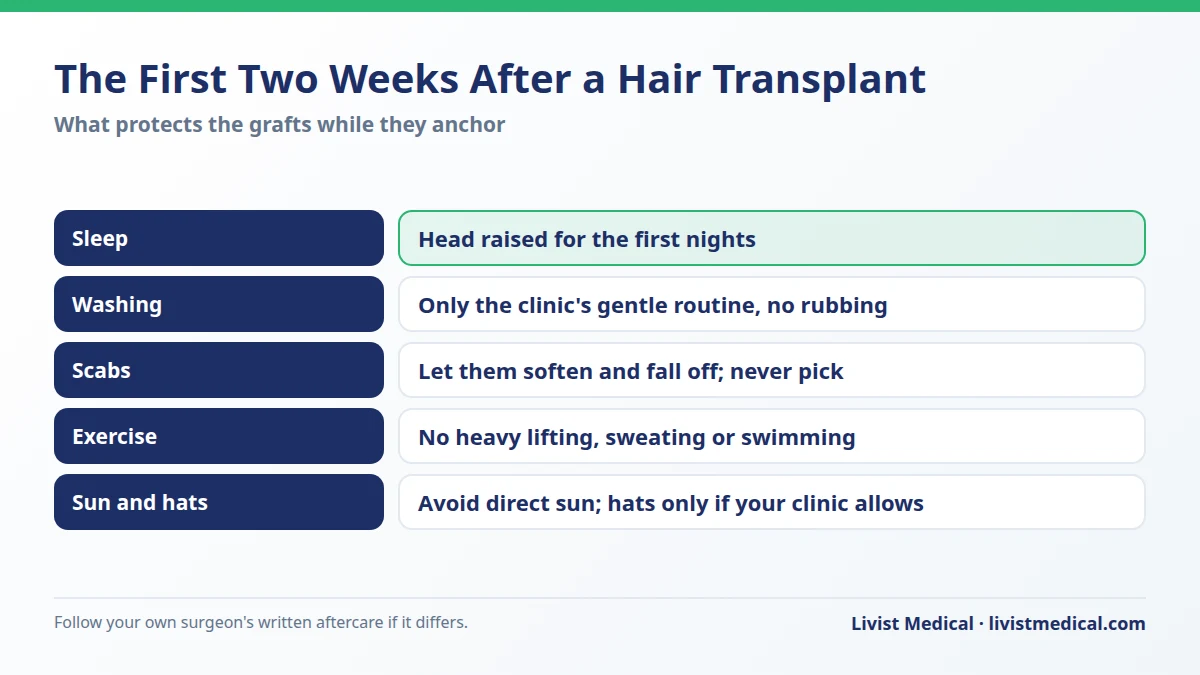 Hair transplant recovery in the first two weeks: sleeping, washing, scabs, exercise and sun