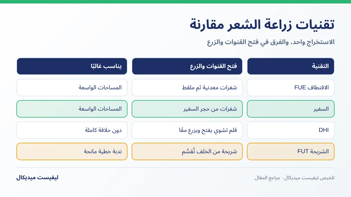 تقنيات زراعة الشعر الاقتطاف والسفير وDHI مقارنة