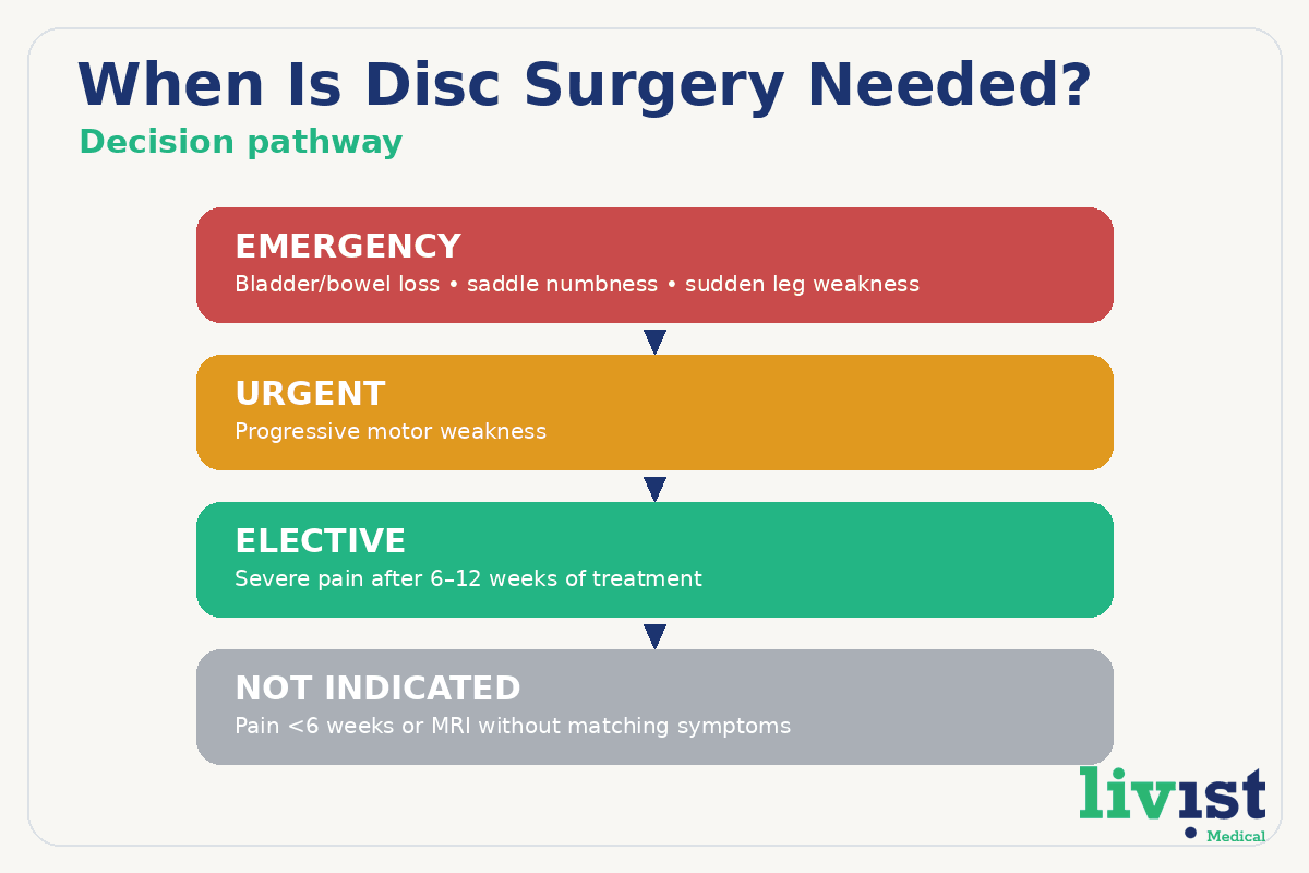 Decision pathway showing when herniated disc surgery is needed