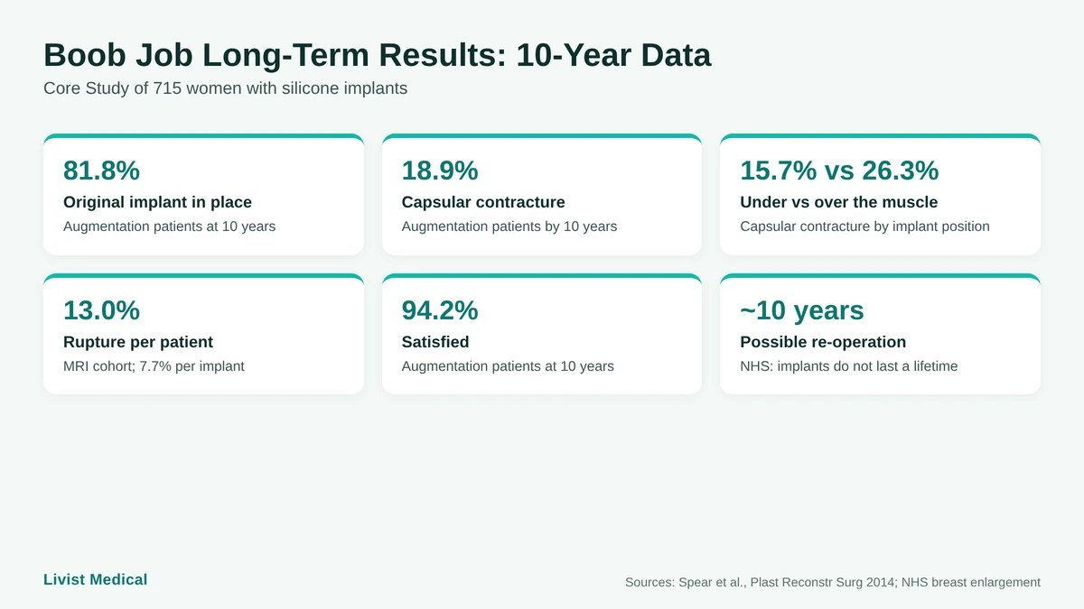 Infographic of 10-year breast implant study results: original implants in place, capsular contracture and rupture rates