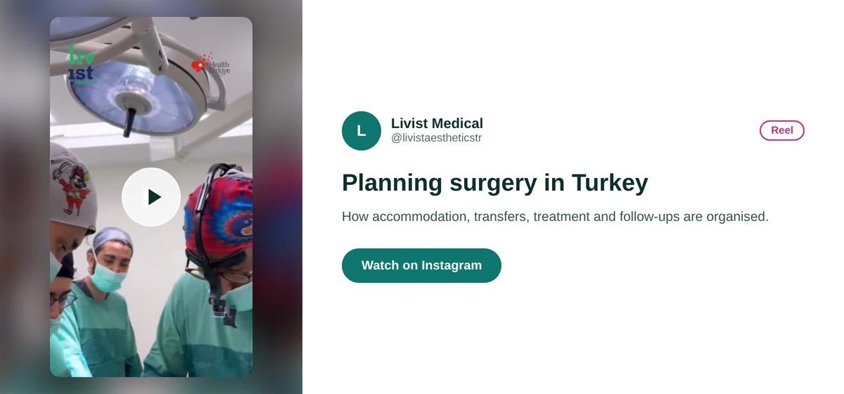 Livist Aesthetics Instagram reel card about planning cosmetic surgery travel to Turkey