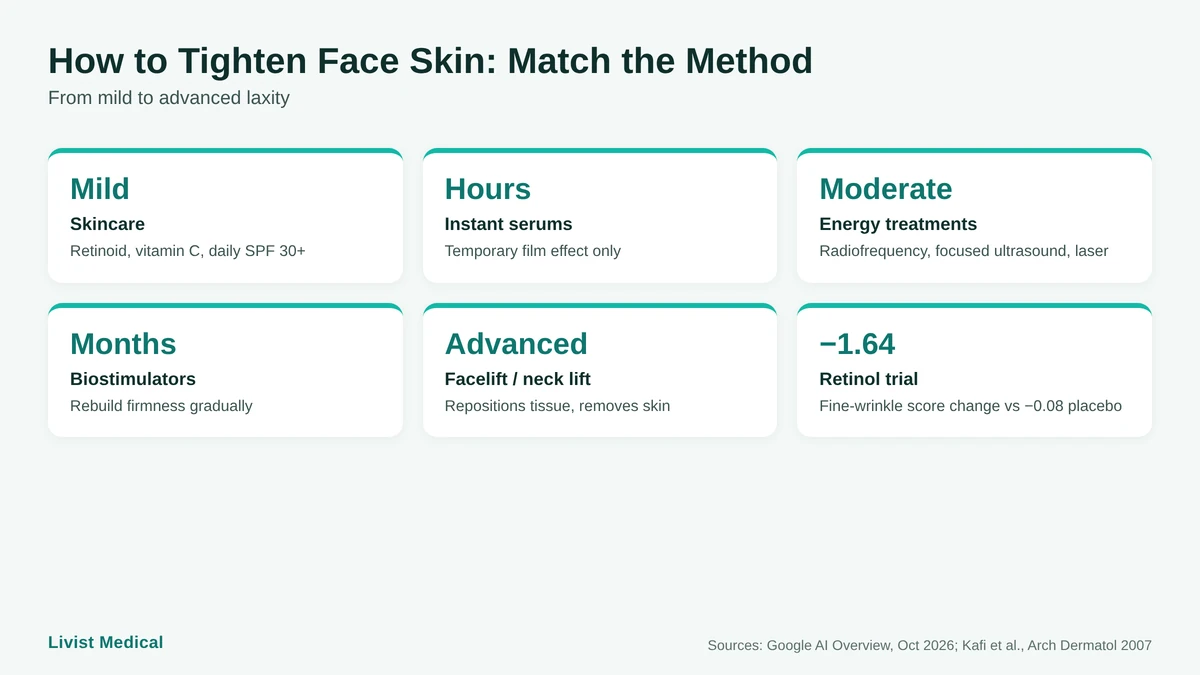 Infographic ladder of ways to tighten face skin from skincare to non-surgical treatments to facelift