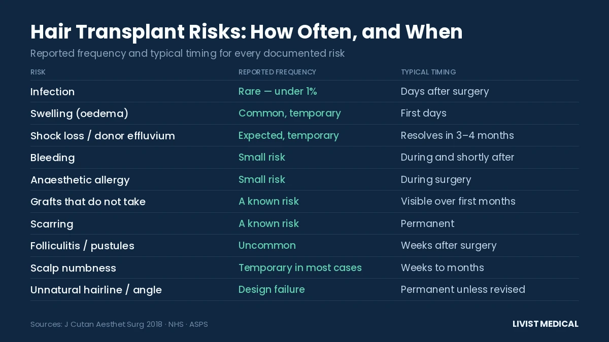 Hair transplant risks with reported frequency and typical timing