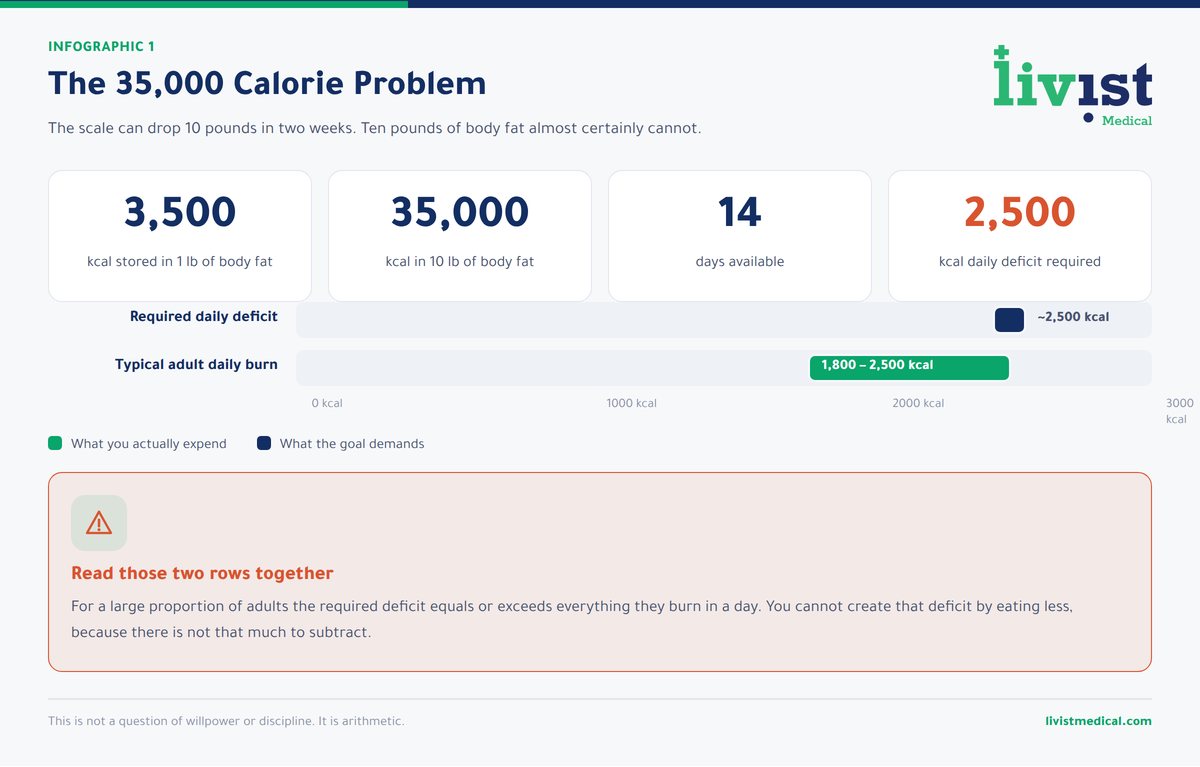 The calorie arithmetic behind losing 10 pounds of fat in two weeks, showing the 35,000 calorie deficit required