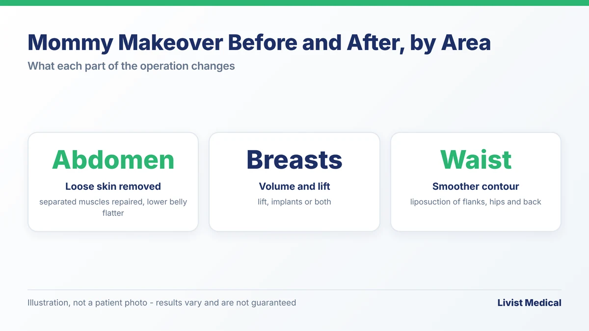 Mommy makeover before and after by area: abdomen, breasts, waist and flanks