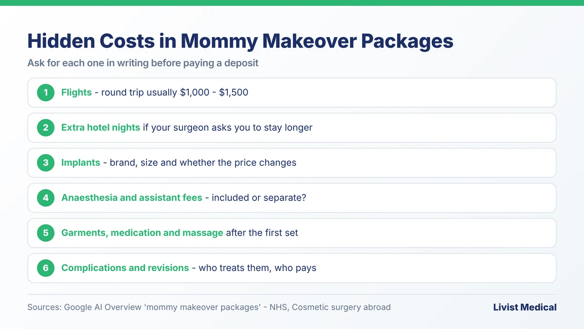 Mommy makeover packages hidden costs checklist: flights, extra nights, implants, garments, revision policy and follow-up