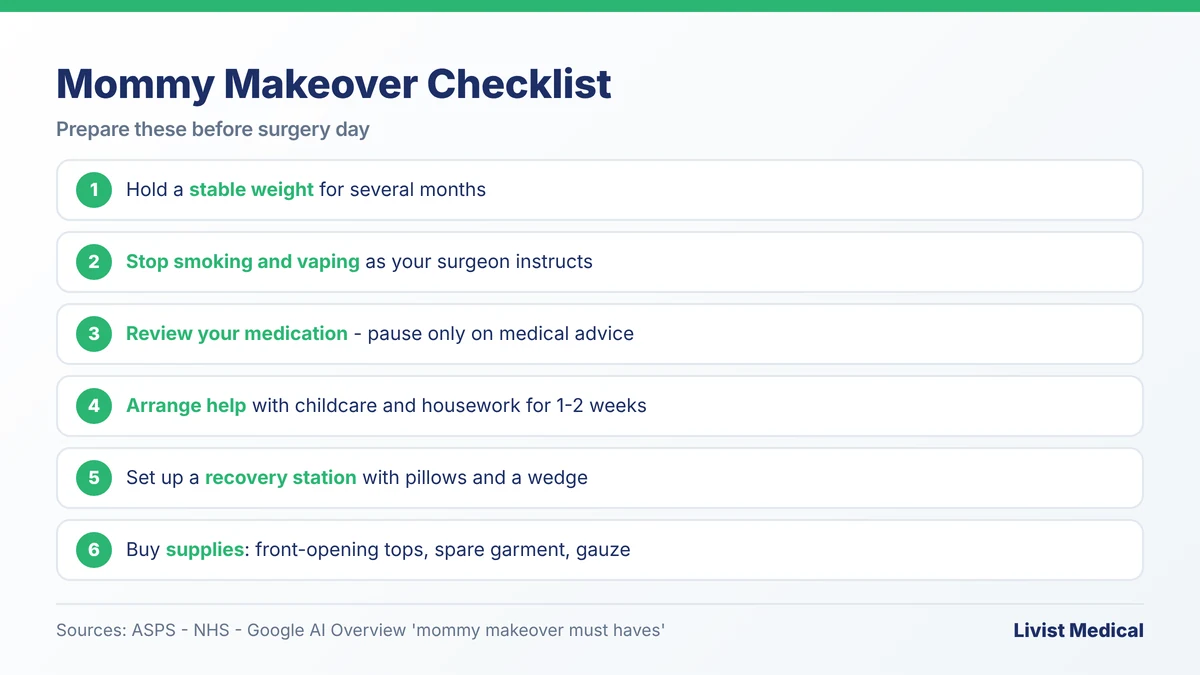 Mommy makeover checklist: stable weight, stop smoking, review medication, arrange help, prepare a recovery station and supplies