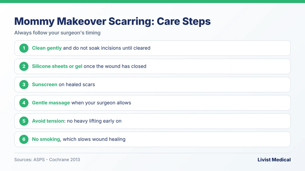 Mommy makeover scarring care: gentle cleaning, no soaking, silicone sheets, sunscreen, massage when cleared, no smoking