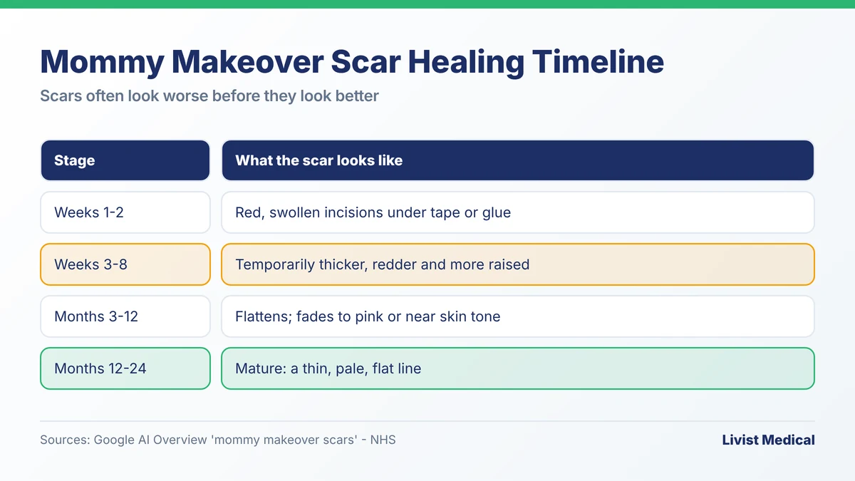 Mommy makeover scar healing timeline from week 1 to 24 months