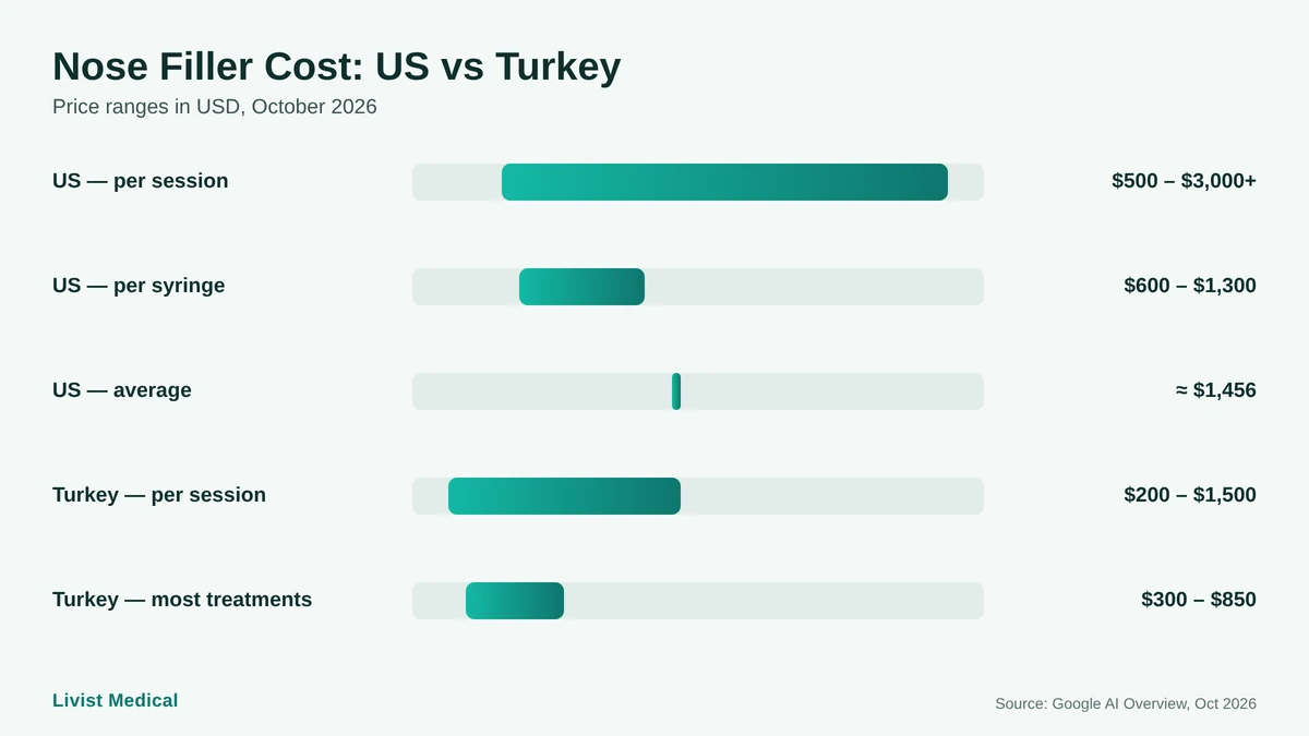 Nose filler cost chart comparing US and Turkey prices per session and per syringe