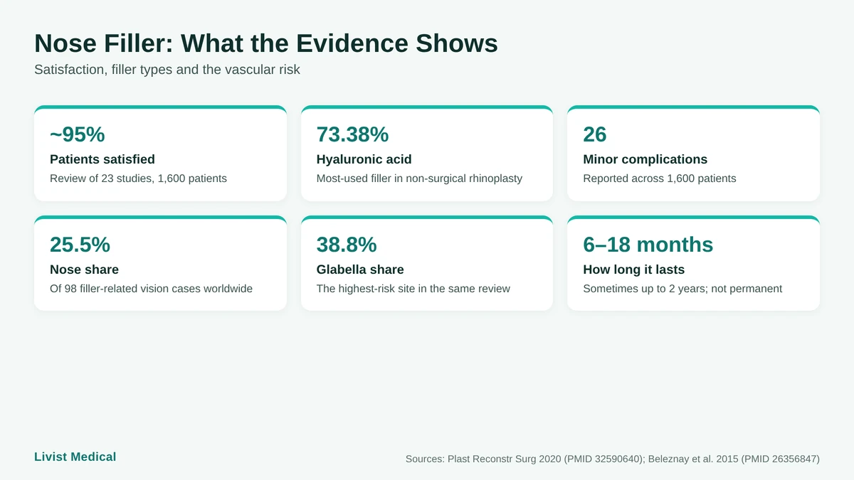 Infographic of nose filler evidence: patient satisfaction, filler types and where vision complications from fillers occur
