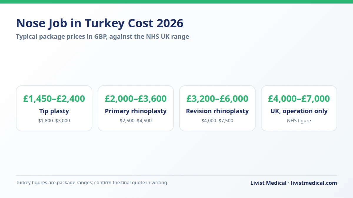 Nose job in Turkey cost in GBP by procedure type compared with the UK