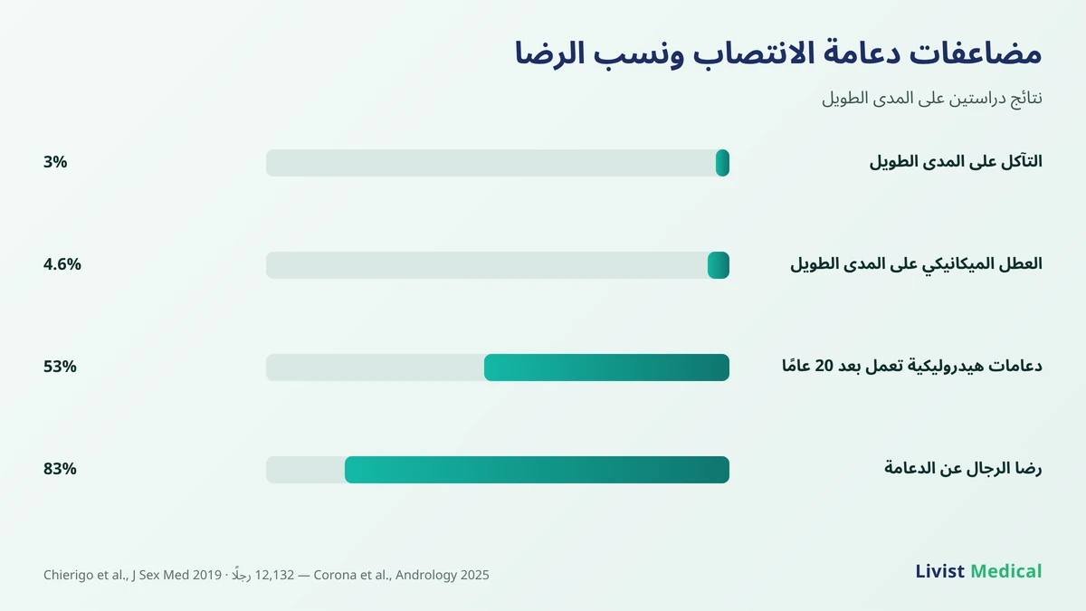 نسب مضاعفات دعامة الانتصاب على المدى الطويل ونسبة الرضا وعمر الدعامة الهيدروليكية