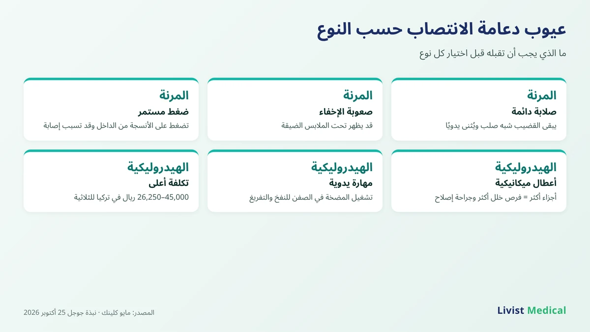 عيوب دعامة الانتصاب حسب النوع: عيوب الدعامة المرنة وعيوب الدعامة الهيدروليكية