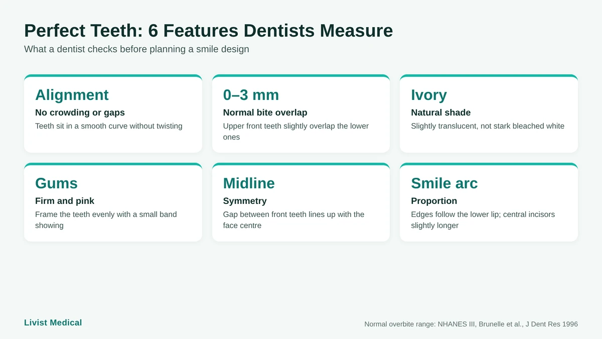 Perfect teeth checklist infographic showing alignment, bite, shade, gums, symmetry and smile arc