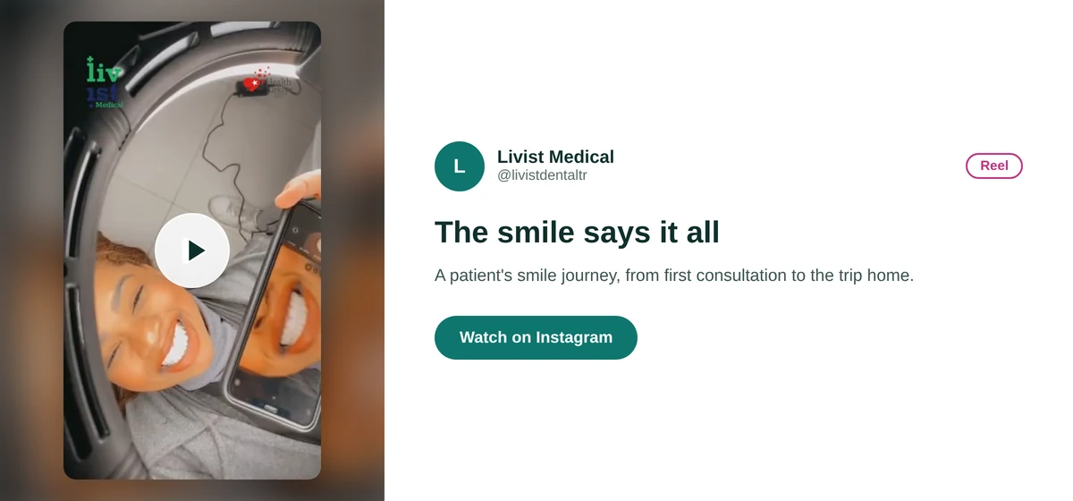 Livist Dental Instagram reel card about a patient's smile after treatment
