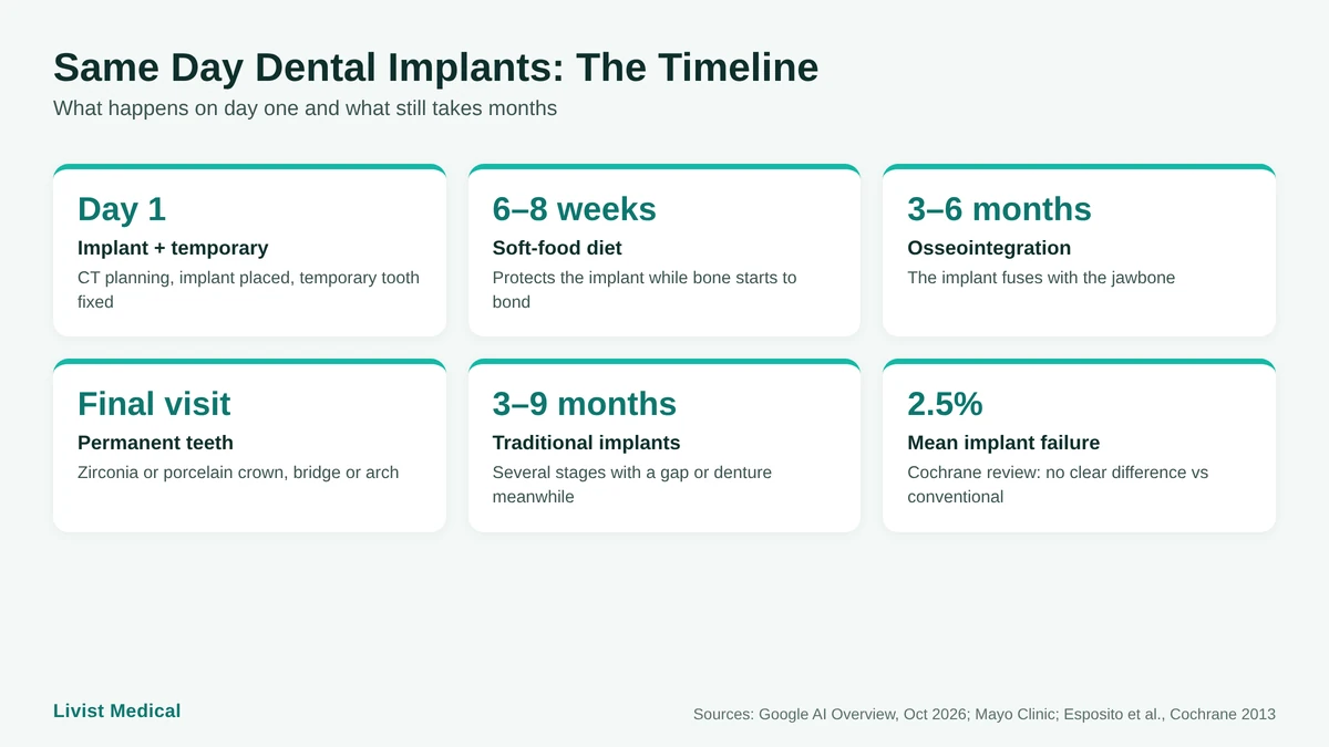 Timeline comparing same day dental implants with traditional implants from surgery to permanent crown