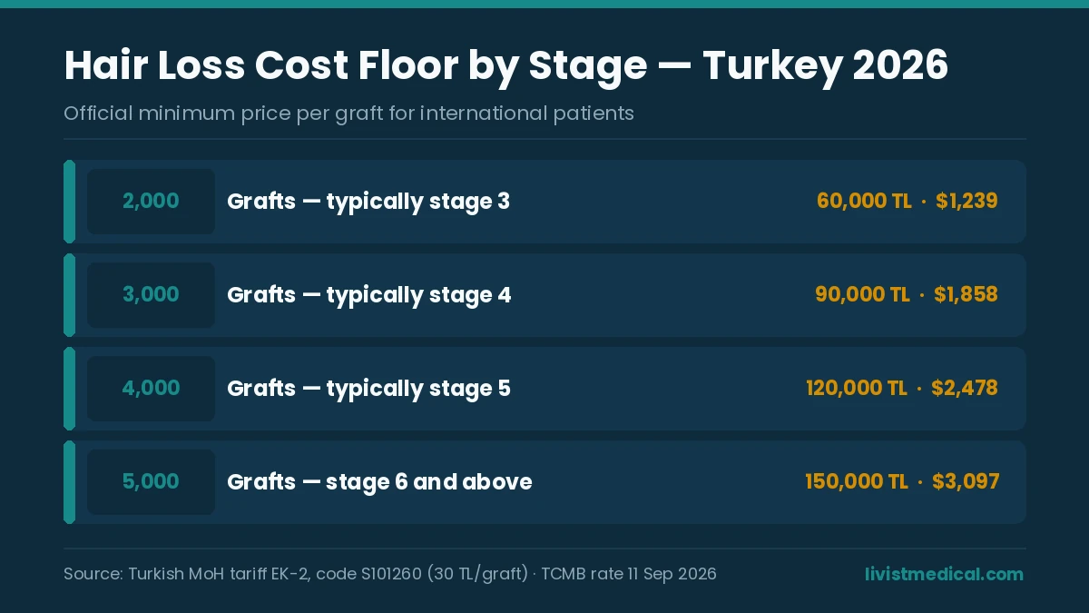 Official Turkish price floor for treating the stages of hair loss by graft count